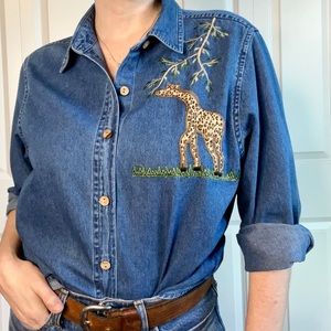 VTG 90s Wild Animal Safari Embroidery Button Down Women's Size PXL Denim